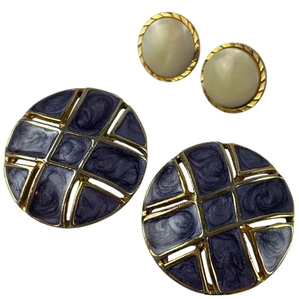 Earrings Lot of2 Iridescent Swirl Blue Purple Ivory Gold Tone Classic Dark Artsy